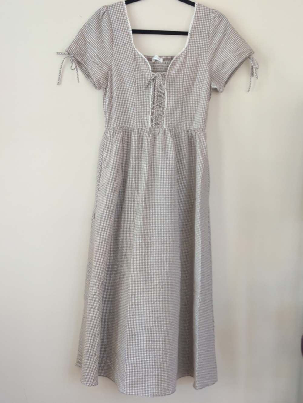 Gingham Lace-Up Midi Dress in Light Brown and White